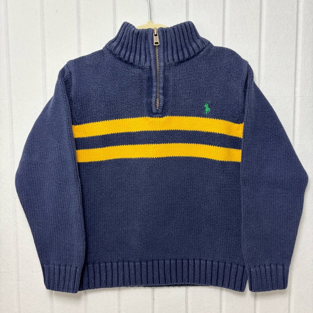 Polo Ralph Lauren Cotton Navy Blue Yellow Knit Sweater Zip Pullover Stripe 6